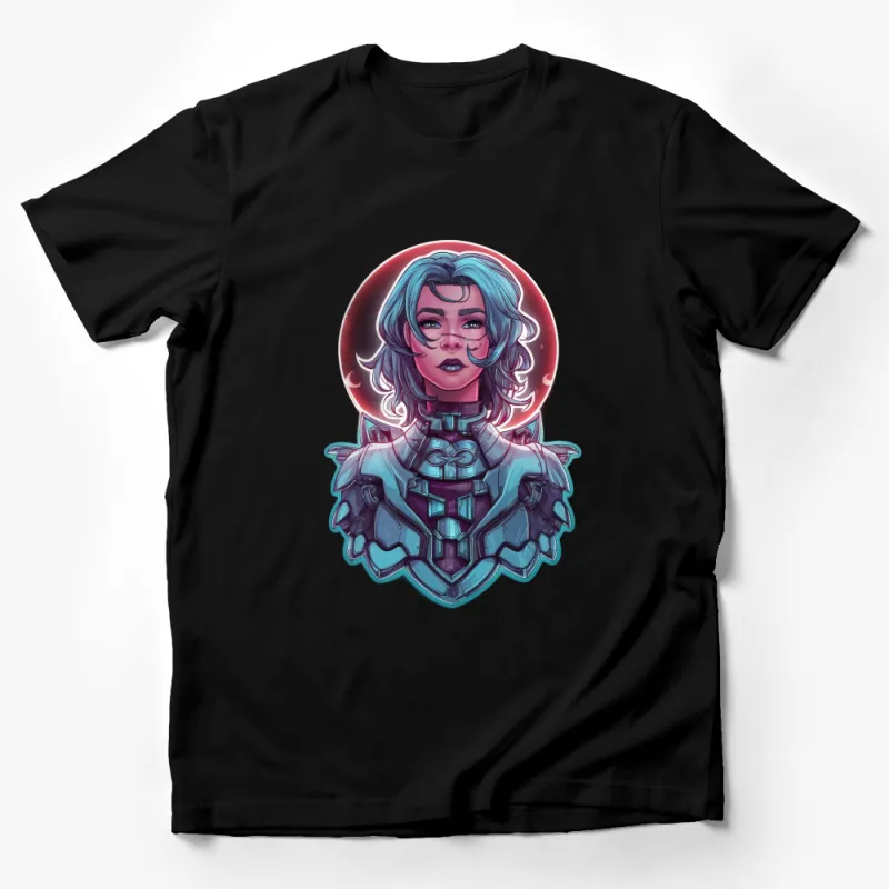 Sci-Fi Cyberpunk Female Warrior Graphic Tee, Cool Digital Art T-Shirt, Unique Futuristic Apparel Male T-Shirt