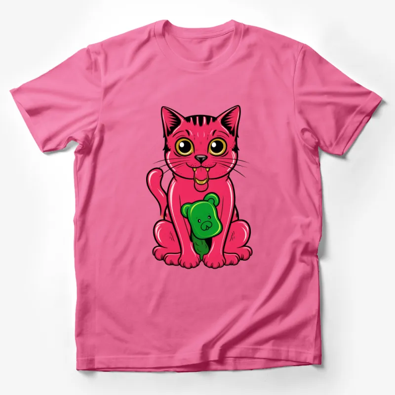 Cute Pink Cat T-Shirt, Adorable Feline with Green Bear, Whimsical Animal Tee, Unisex Cat Lover Gift Shirt, Fun Pet Illustration Top Male T-Shirt