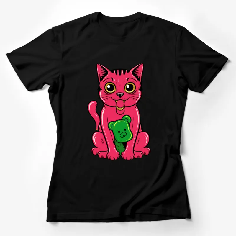 Cute Pink Cat T-Shirt, Adorable Feline with Green Bear, Whimsical Animal Tee, Unisex Cat Lover Gift Shirt, Fun Pet Illustration Top Female T-Shirt