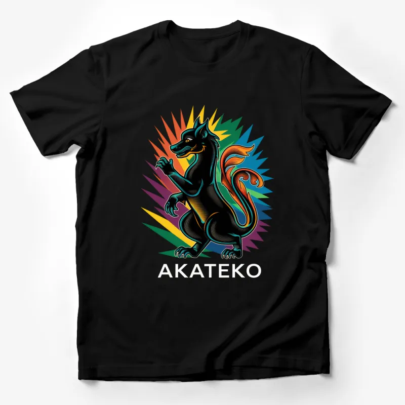 Vibrant Mythical Creature T-Shirt, Colorful Akateko Design, Unisex Graphic Tee, Sunburst Background, Casual Wear Male T-Shirt