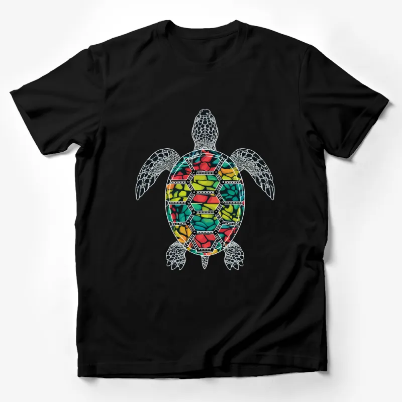 Colorful Turtle T-Shirt, Sea Life Animal Graphic Tee, Ocean Inspired Casual Wear, Unisex Adult Clothing, Unique Patterned Turtle Design Male T-Shirt