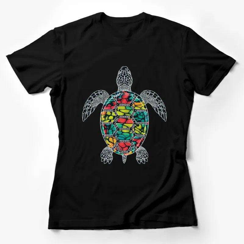 Colorful Turtle T-Shirt, Sea Life Animal Graphic Tee, Ocean Inspired Casual Wear, Unisex Adult Clothing, Unique Patterned Turtle Design Female T-Shirt