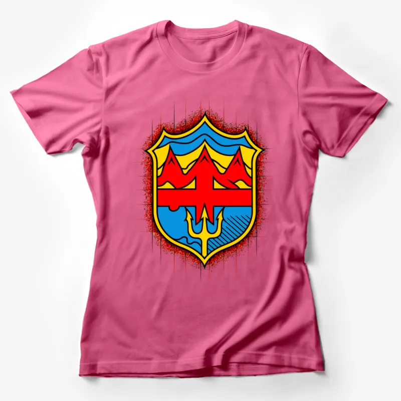 Comic Style Superhero Shield T-Shirt, Bold Red and Blue Graphic Tee, Unisex Casual Wear, Splattered Paint Design Female T-Shirt