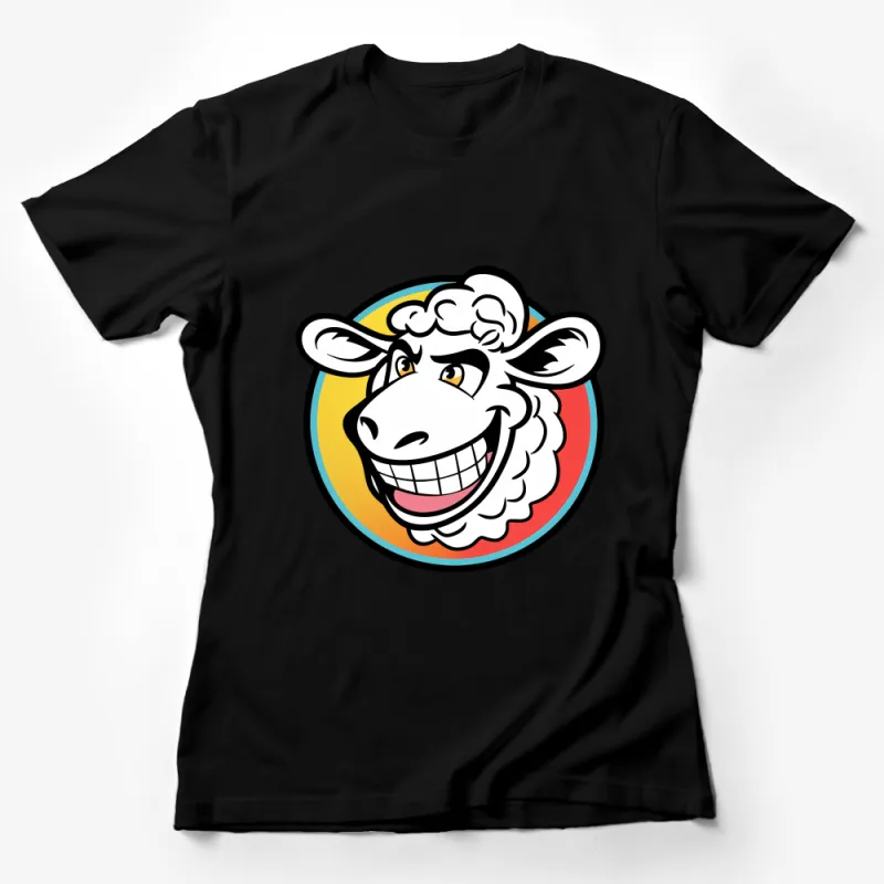 Happy Sheep Cartoon T-Shirt, Colorful Circle Background, Fun Animal Graphic Tee, Casual Cotton Shirt, Unisex Clothing for All Ages Female T-Shirt