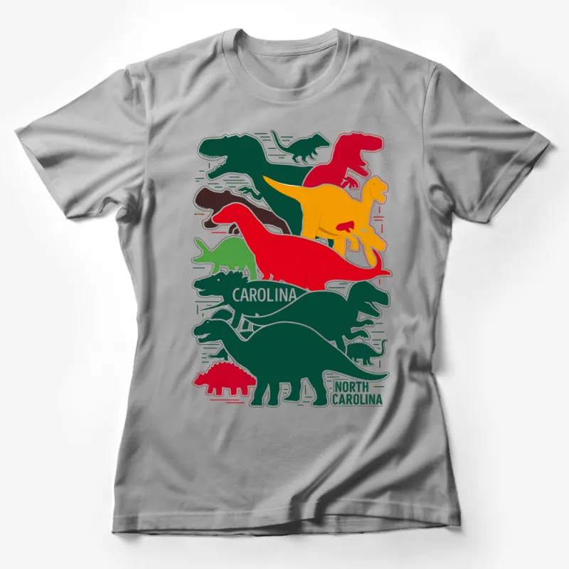 Colorful Dinosaur Silhouette North Carolina T-Shirt, Unisex Graphic Tee, Prehistoric Animal Lovers Gift, Fun Carolina State Pride Shirt Female T-Shirt