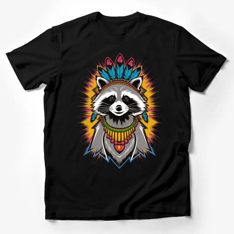 Unique Tribal Raccoon with Feather Headdress Graphic T-Shirt, Colorful Animal Design Tee for All Male T-Shirt