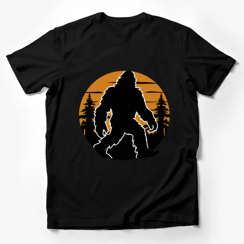 Bigfoot Silhouette Graphic T-Shirt, Forest and Sunset Tee, Cryptid Lovers Gift, Outdoor Mystic Creature Apparel Male T-Shirt