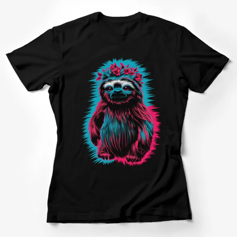 Colorful Sloth T-Shirt with Flower Crown, Vibrant Tropical Animal Graphic Tee, Unisex Fashion Casual Wear Top, Gift Female T-Shirt