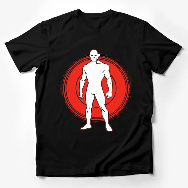 Bold Red Circle Superhero Graphic Tee, Men's White Cotton T-Shirt, Unique Comic Character Design Male T-Shirt