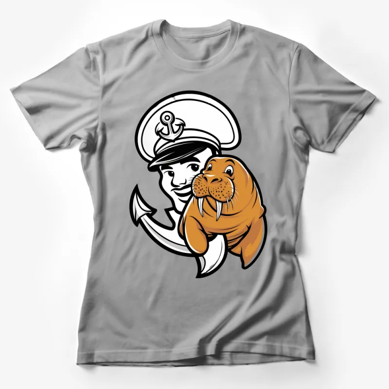 Nautical Captain and Walrus Cartoon T-Shirt, Unisex Marine Animal Themed Tee, Fun Ocean Life Cotton Shirt, Casual Sailor Apparel Female T-Shirt