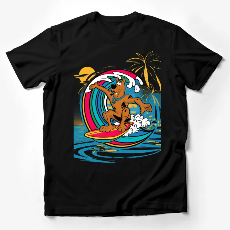 Surfer Dog Graphic T-Shirt, Tropical Beach Sunset Tee, Cartoon Canine Surfing Shirt, Casual Summer Fashion, Vibrant Unisex Top Male T-Shirt