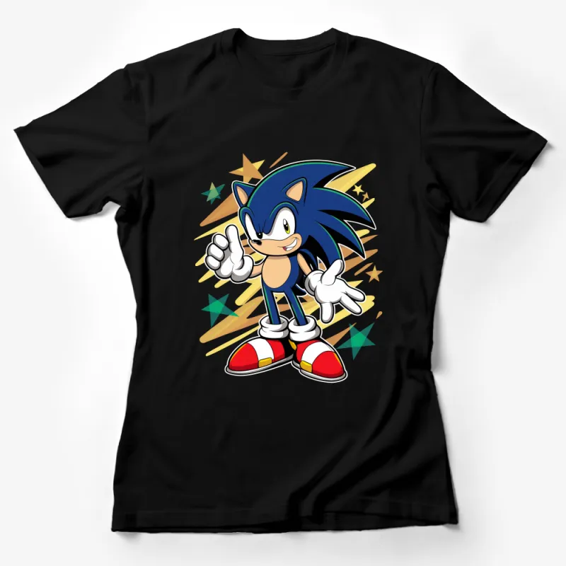 Classic Blue Hedgehog Cartoon Character Pose Graphic T-Shirt, Retro Gamer Tee Female T-Shirt