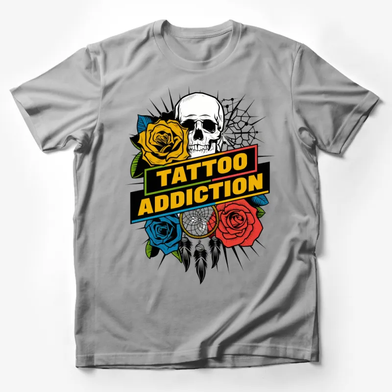 Tattoo Addiction Skull and Roses Graphic T-Shirt, Colorful Boho Style Tee, Dreamcatcher and Web Design Casual Shirt Male T-Shirt