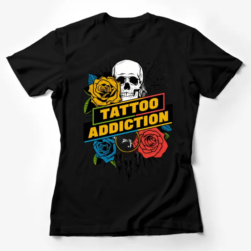 Tattoo Addiction Skull and Roses Graphic T-Shirt, Colorful Boho Style Tee, Dreamcatcher and Web Design Casual Shirt Female T-Shirt