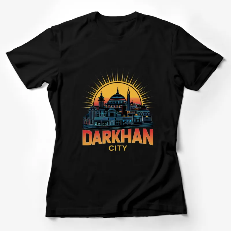 Darkhan City Graphic Tee, Urban Skyline Sunburst T-Shirt, Cool Cityscape Top, Travel Souvenir, Unisex Apparel Female T-Shirt