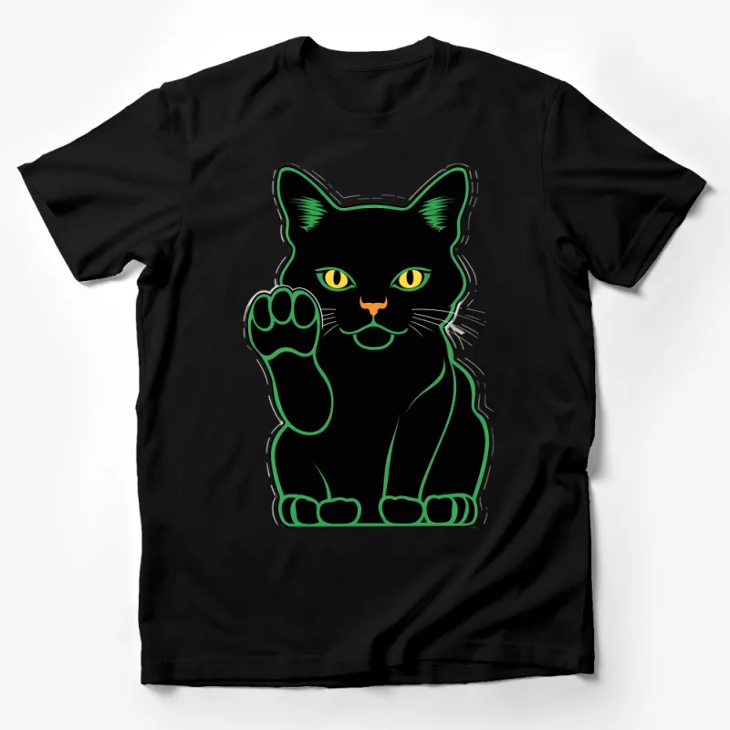 Black Cat Graphic T-Shirt with Vibrant Green Eyes and Raised Paw Design Male T-Shirt