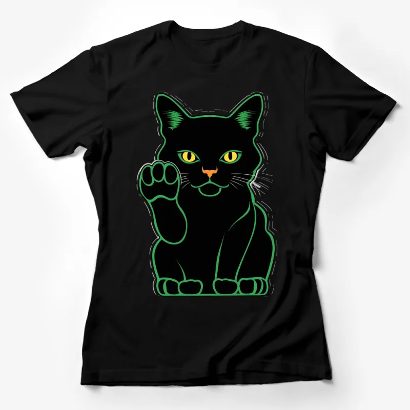 Black Cat Graphic T-Shirt with Vibrant Green Eyes and Raised Paw Design Female T-Shirt