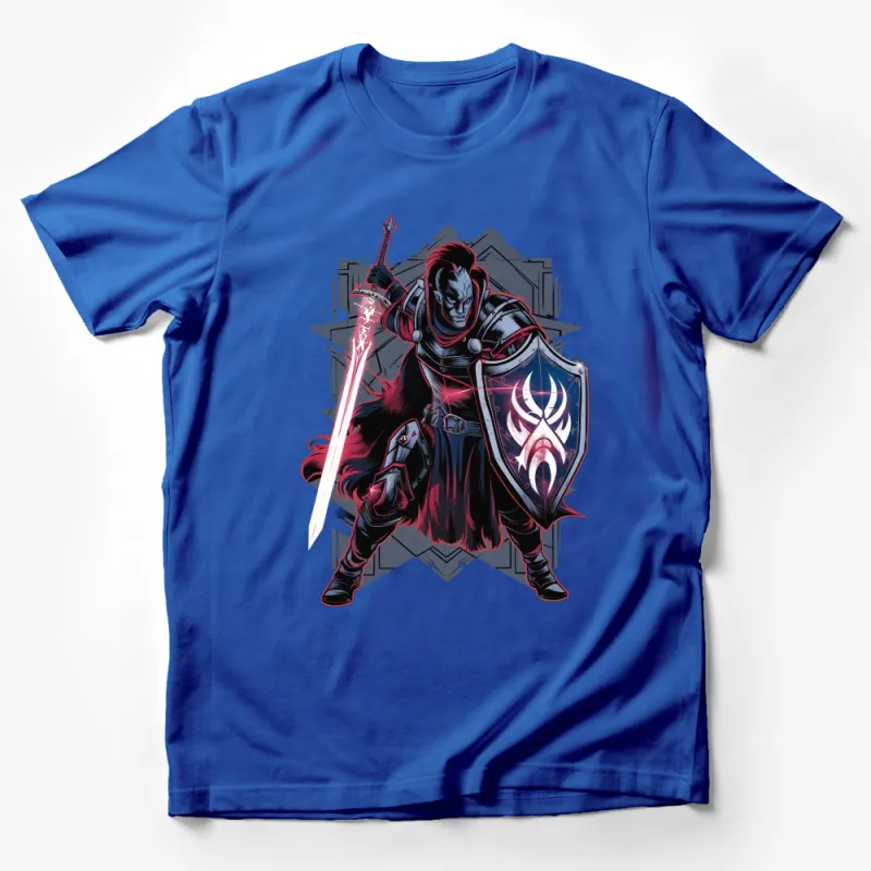 Fantasy Knight Warrior T-Shirt, Cool Red and Blue Hero Graphic Tee, Unisex Medieval Soldier Shirt Male T-Shirt