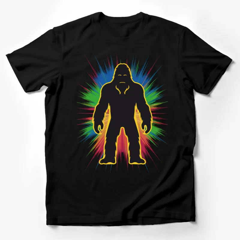 Colorful Abstract Bigfoot Silhouette T-Shirt, Vibrant Sasquatch Graphic Tee, Unisex Mythical Creature Design Shirt Male T-Shirt