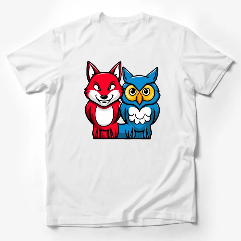 Red Fox and Blue Owl Cute Animal T-Shirt, Cartoon Graphic Tee, Unisex Nature Inspired Shirt, Kids and Adults Casual Wear Male T-Shirt