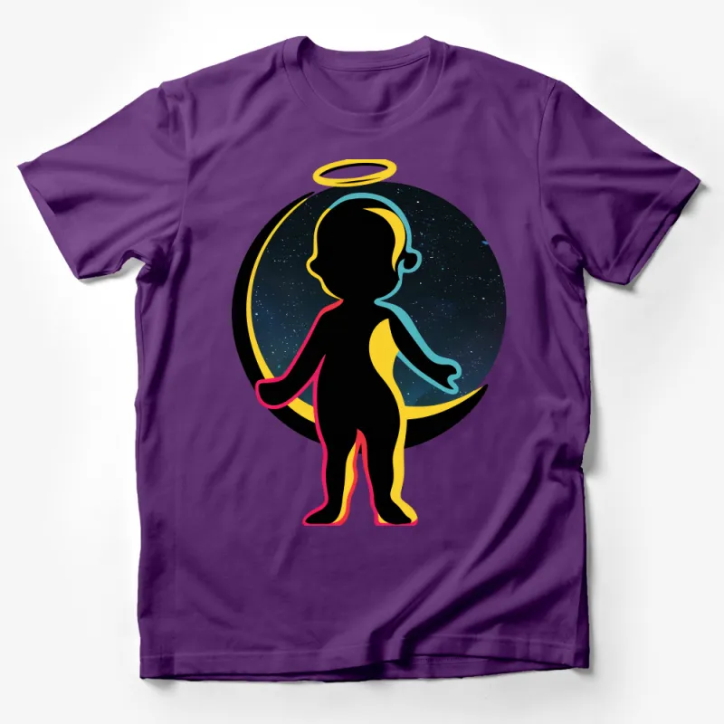 Trendy Cosmic Angel Silhouette T-Shirt, Unisex Space-Themed Graphic Tee, Casual Heavenly Body Top, Starry Night Apparel Male T-Shirt