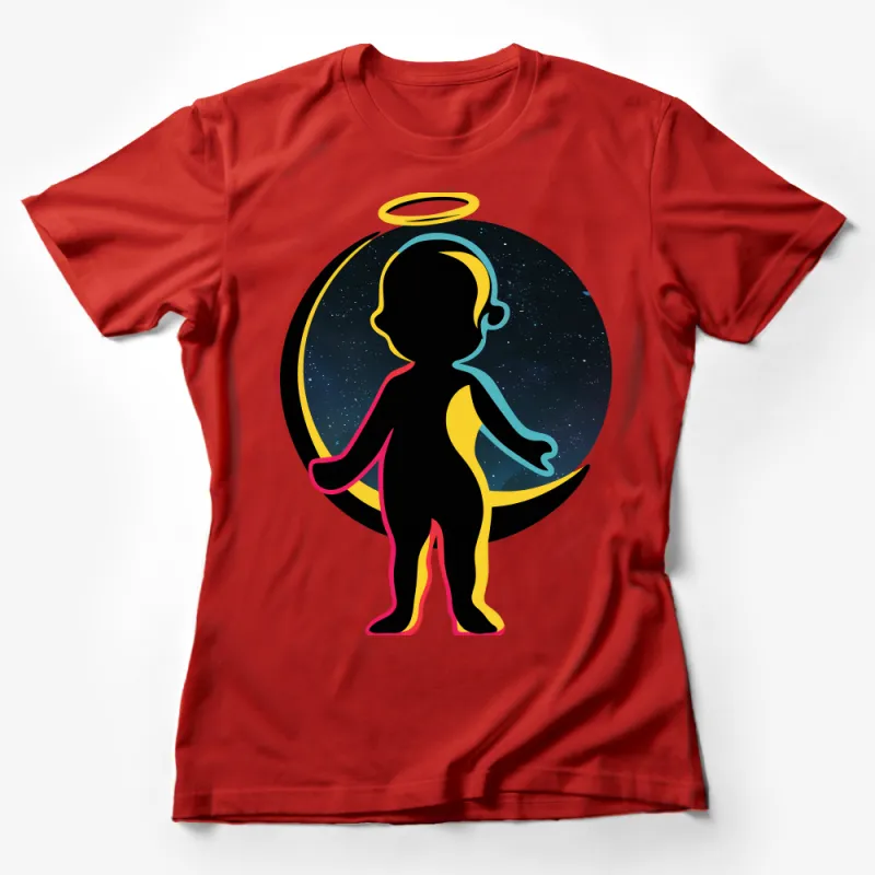 Trendy Cosmic Angel Silhouette T-Shirt, Unisex Space-Themed Graphic Tee, Casual Heavenly Body Top, Starry Night Apparel Female T-Shirt