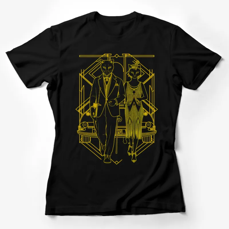 Elegant Cat Couple in Vintage Attire, Art Deco Style, Unisex T-Shirt, Unique Graphic Design, Animal Lovers Tee Female T-Shirt