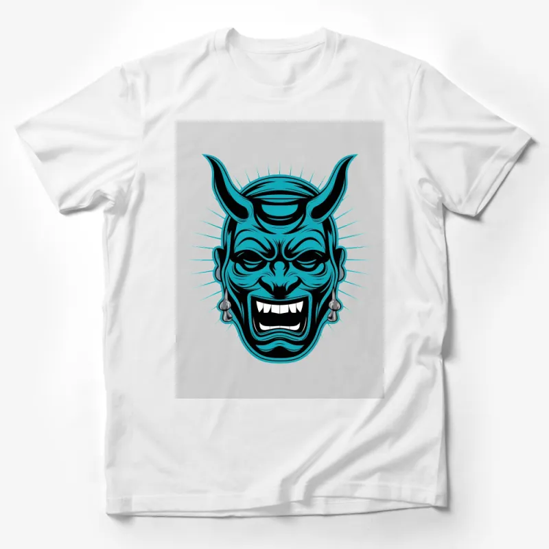 Men's Graphic Tee Demon Design, Cool Blue Oni Mask T-Shirt, Japanese Mythology Inspired Apparel Male T-Shirt