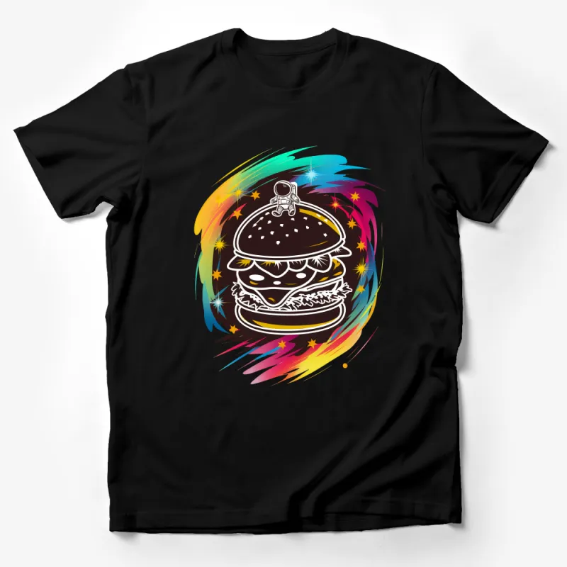 Astronaut Burger T-Shirt, Colorful Space Themed Tee, Unisex Graphic Shirt, Casual Streetwear Top, Gift for Foodies and Space Lovers Male T-Shirt