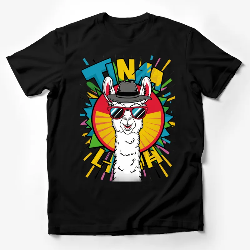 Funky Llama with Sunglasses and Hat Graphic Tee, Colorful Pop Art Style T-Shirt Male T-Shirt