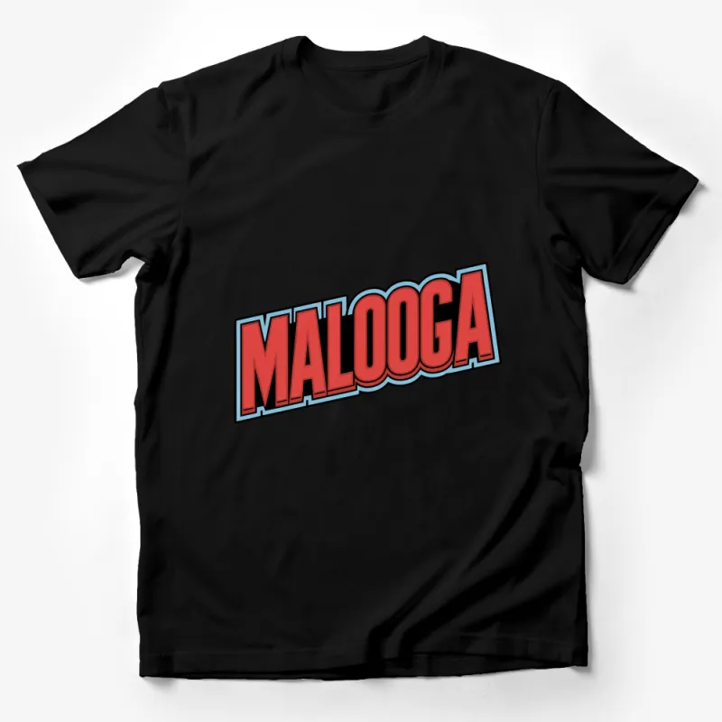 Bold Malooga Text Graphic T-Shirt, Unisex Red and Blue Logo Tee, Casual Wear for All Ages Male T-Shirt