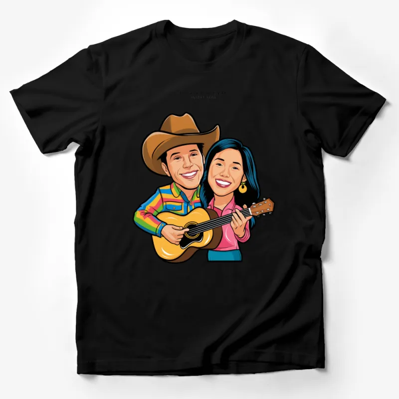 Colorful Couple T-Shirt, Guitar Player and Smiling Partner, Musician Graphic Tee, Western Style Lovers Shirt, Unique Gift Idea Male T-Shirt