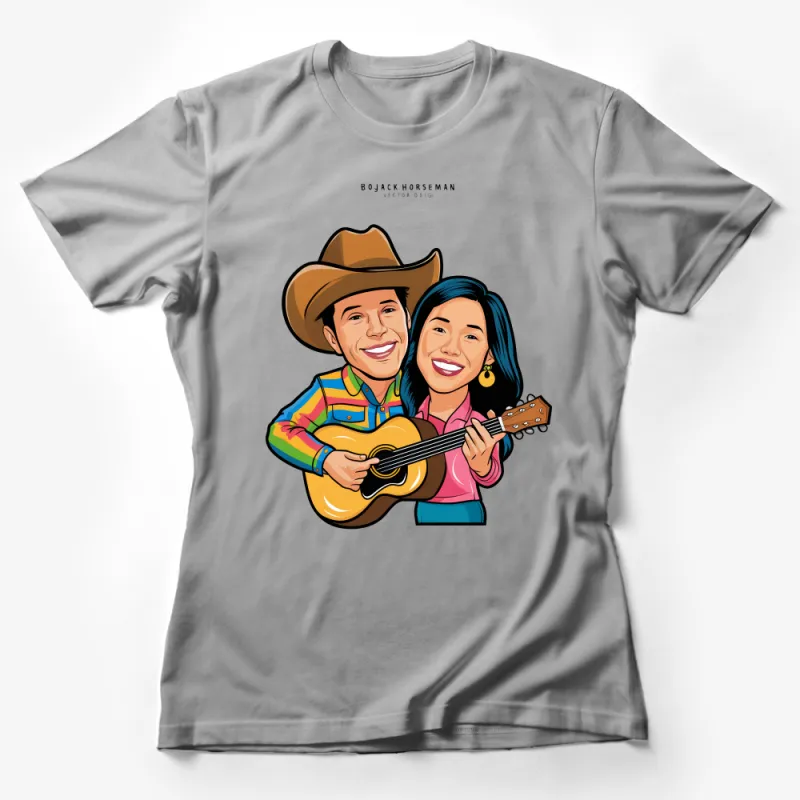 Colorful Couple T-Shirt, Guitar Player and Smiling Partner, Musician Graphic Tee, Western Style Lovers Shirt, Unique Gift Idea Female T-Shirt