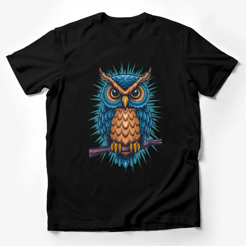 Vibrant Blue Owl Graphic Tee, Unisex Nature Inspired T-Shirt, Wildlife Art Cotton Shirt, Gift for Bird Lovers, Casual Wear Top Male T-Shirt