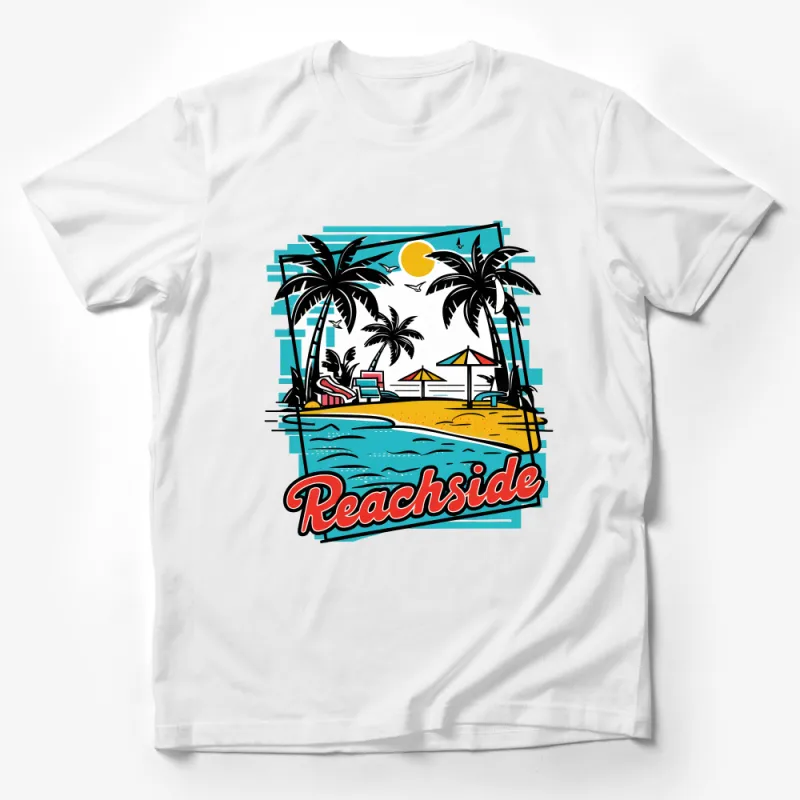 Tropical Beachside Graphic T-Shirt, Vibrant Summer Tee, Ocean Sunset Palm Tree Design, Casual Vacation Wear Male T-Shirt