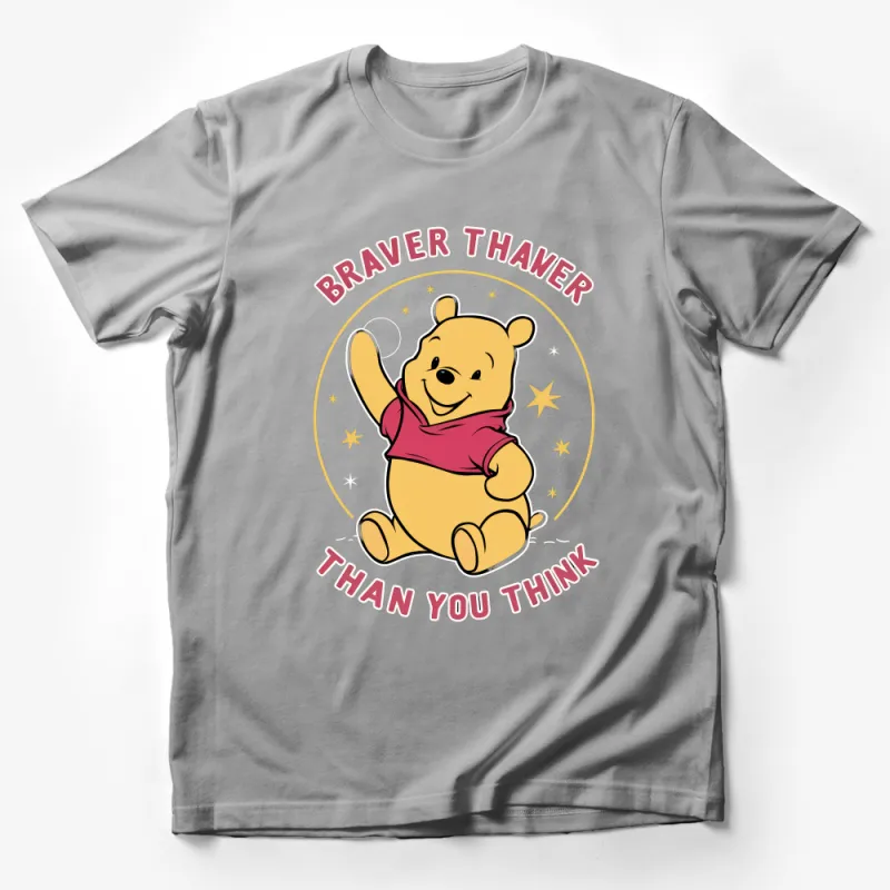 Inspirational Quote Cartoon Bear T-Shirt, Braver Than You Think Message Tee Male T-Shirt