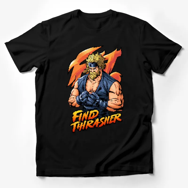 Anime Muscle Man T-Shirt, Fiery Hair, Find Thrasher Text, Graphic Tee for Anime Fans Male T-Shirt