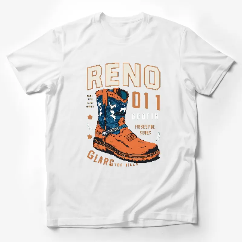 Vintage Reno 1011 T-Shirt, Cowboy Boot Graphic, Western Style Tee, Orange and Blue Male T-Shirt