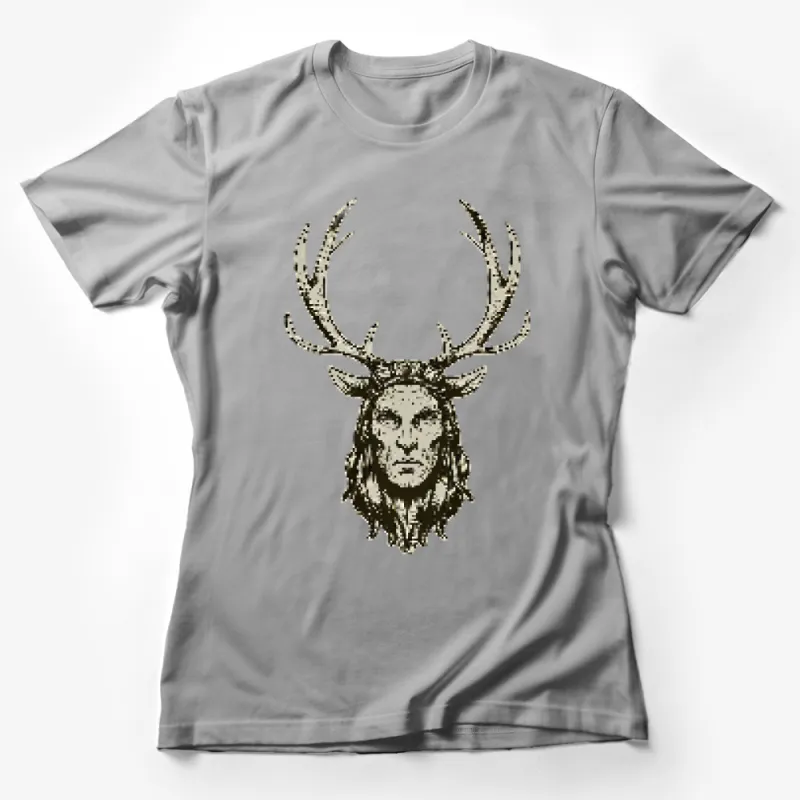 Rustic Deer Antler and Native Man Illustration T-Shirt, Vintage Style Graphic Tee, Unique Nature Inspired Clothing Female T-Shirt