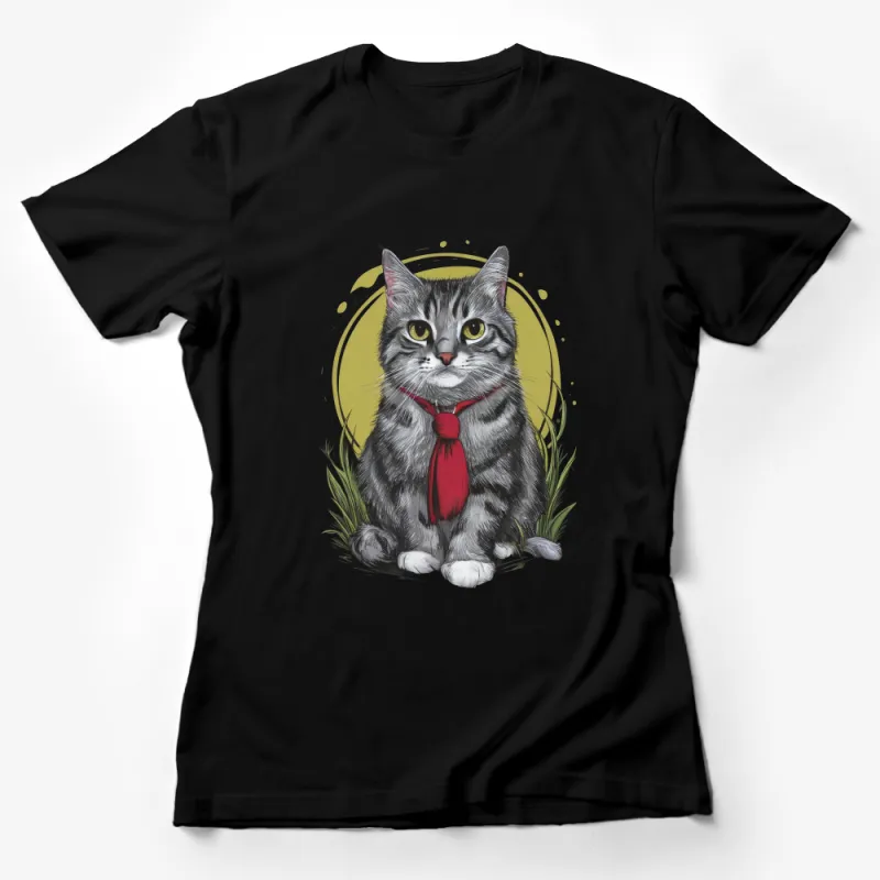 Cat T-Shirt, Grey Tabby Cat with Red Scarf, Cute Cat Illustration, Pet Lover Gift, Casual Wear, Unisex Adult Tee Female T-Shirt