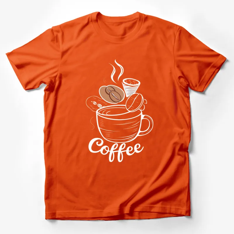 Coffee Lover T-Shirt, Aromatic Coffee Cup and Beans Design, Beige and White Casual Wear Male T-Shirt