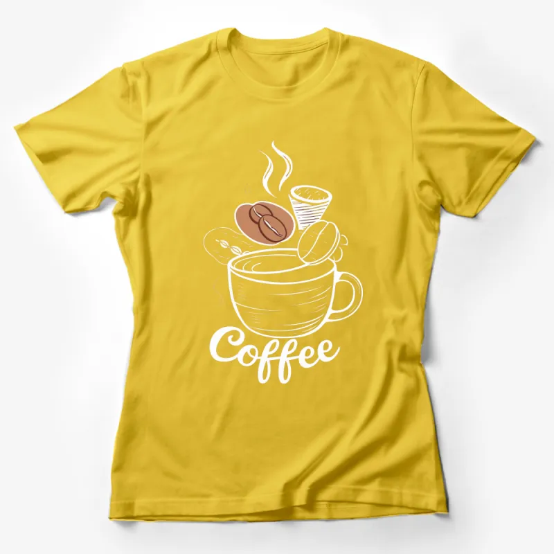 Coffee Lover T-Shirt, Aromatic Coffee Cup and Beans Design, Beige and White Casual Wear Female T-Shirt