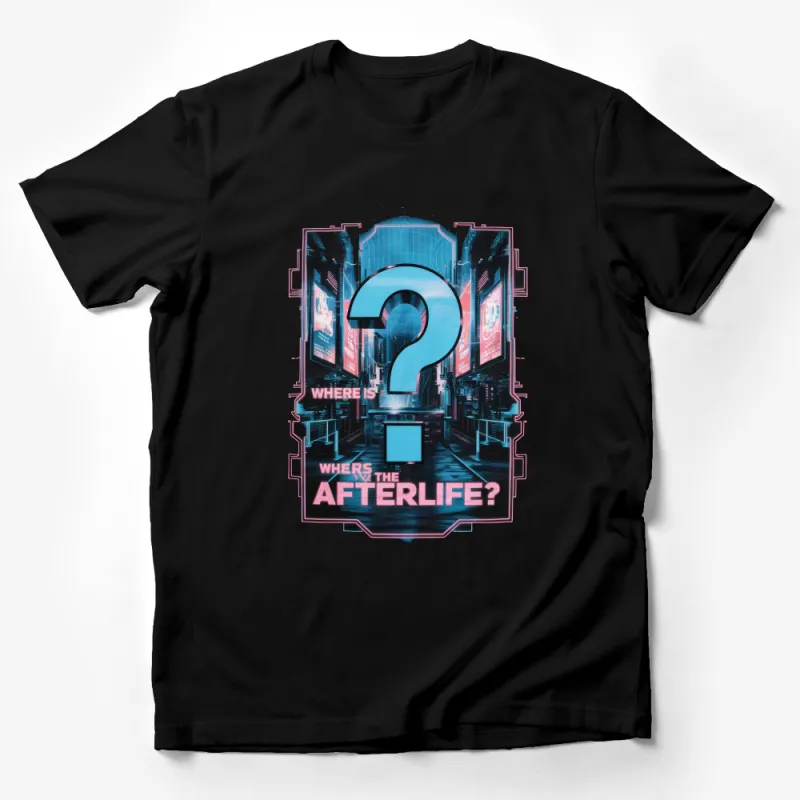 Cyberpunk City Question Mark Graphic T-Shirt, Neon Colors Urban Style Tee, Unique Afterlife Themed Shirt Male T-Shirt