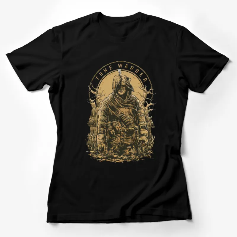 The Warder Vintage Fantasy T-Shirt, Hooded Mystic Figure Graphic Tee, Aged Forest Warrior Design Female T-Shirt