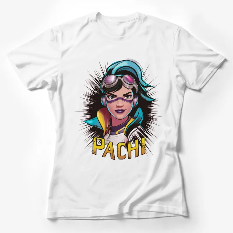 Colorful Pachi Female Pilot Cartoon T-Shirt, Vintage Aviation Style Tee, Retro Comic Design, Youthful Fashion Female T-Shirt