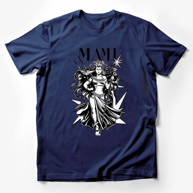 MAMI Queen Graphic T-Shirt, Bold Monochrome Female Warrior Design Tee, Trendy Fashion Male T-Shirt