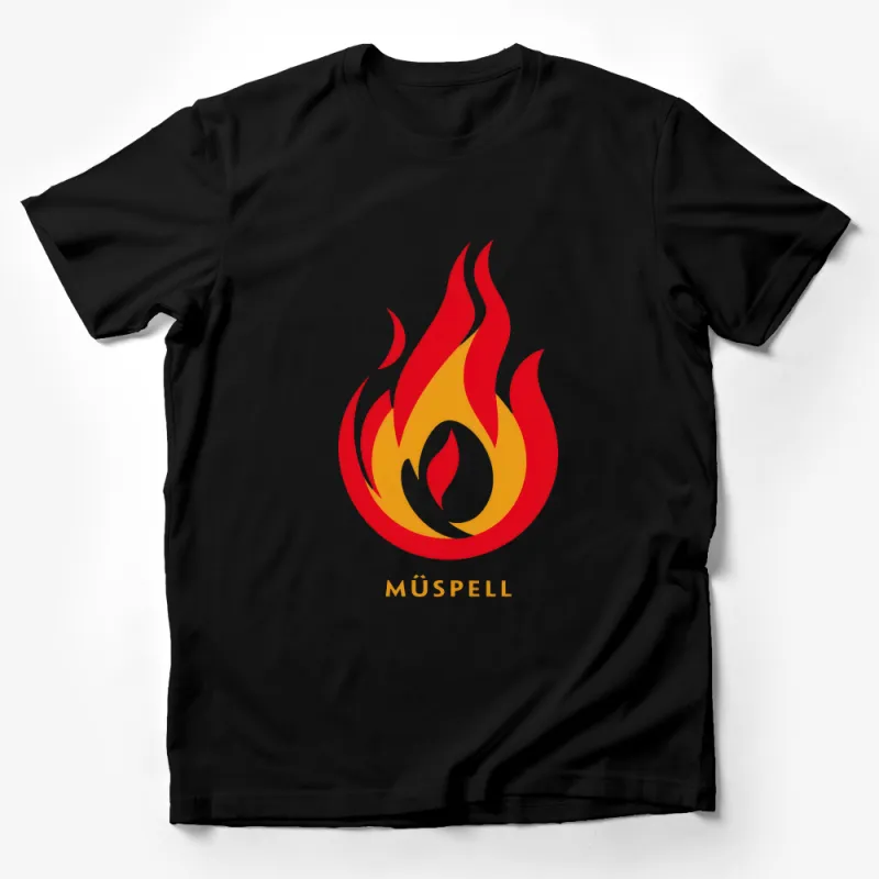 Red and Yellow Fire Flame Graphic T-Shirt, Bold Muspell Logo, Unisex Casual Wear Male T-Shirt