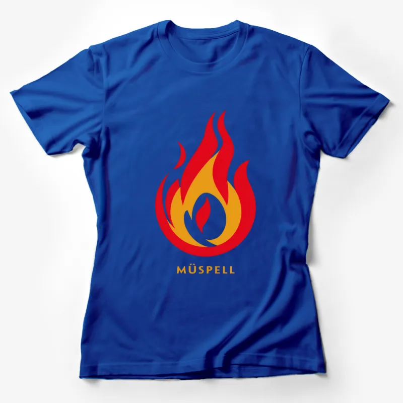 Red and Yellow Fire Flame Graphic T-Shirt, Bold Muspell Logo, Unisex Casual Wear Female T-Shirt