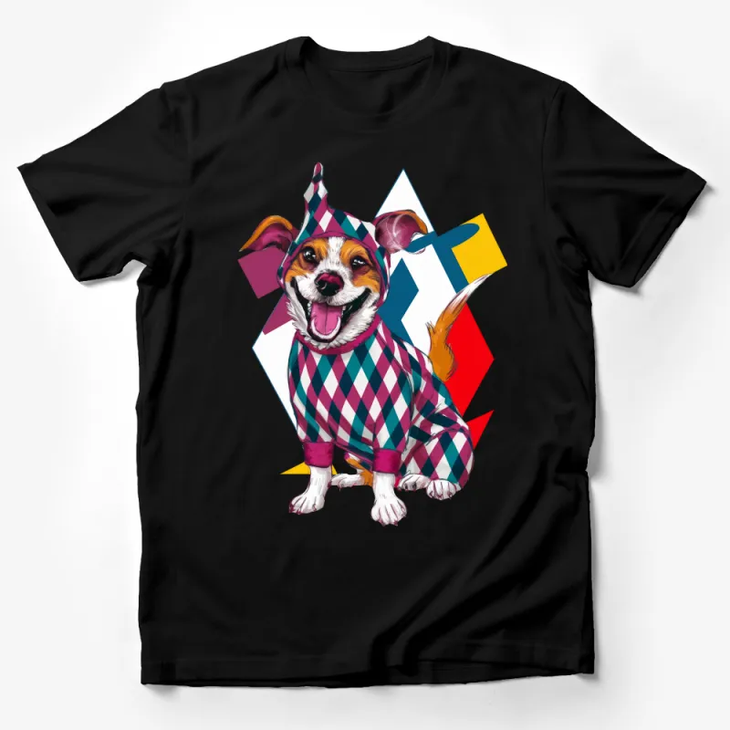 Fun Dog T-Shirt, Colorful Harlequin Pattern, Cute Jack Russell Design, Pet Lover Gift Male T-Shirt