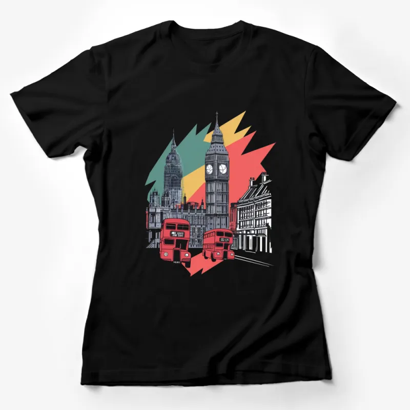 London Themed T-Shirt, Big Ben and Red Buses, Colorful Travel Tee, Unisex Female T-Shirt